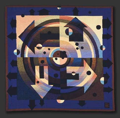 Woven textile pieces of a geometric patter with circles and house shapes against a dark blue background.